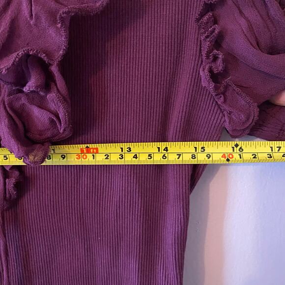 Anthropologie Plum Purple Ribbed Ruffle Long Sleeve Shirt Women's size Medium - Picture 7 of 9